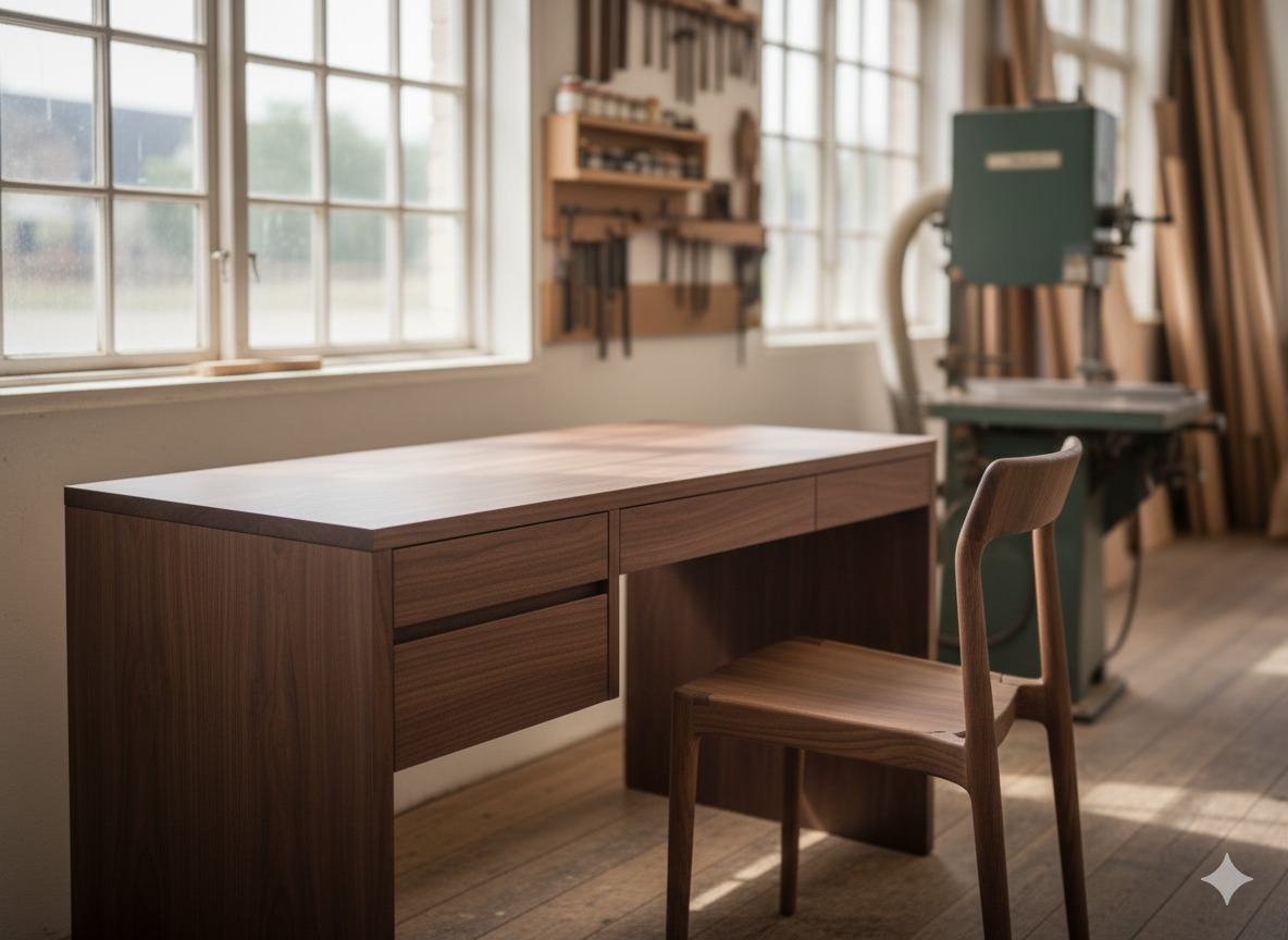 Skrivebord i valnøddetræ med skuffer